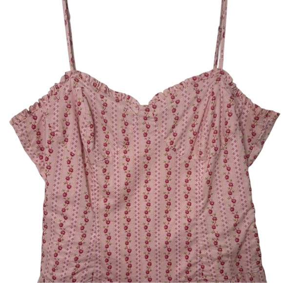 SOLD BETSEY JOHNSON Ditsy Floral Tiered Mini Dress Size XL Pink Cotton Poplin - Picture 4 of 11